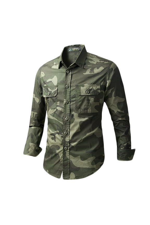 Men Camouflage Denim Shirt Camo Washed Military Long Sleeve Shirts Casual Button Down Shirts Army Green 8(L)