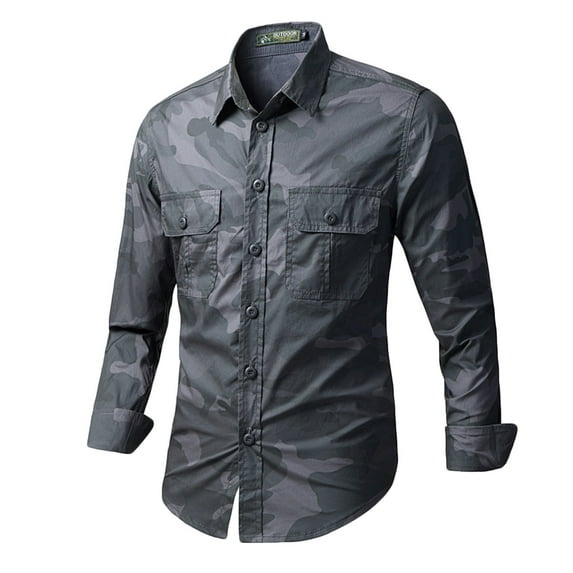 Puntoco Men Camouflage Denim Shirt Camo Washed Military Long Sleeve Shirts Casual Button Down Shirts Gray 16(XXXXL)