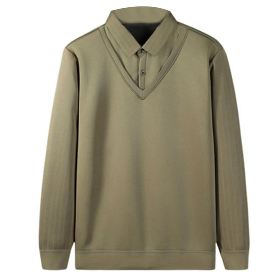 Puntoco Men Casual Knit Sweaters Slim Fit Fake Two Piece Striped Shirt Collar Plus Size Winter Warm Pullover Top Khaki M(M)