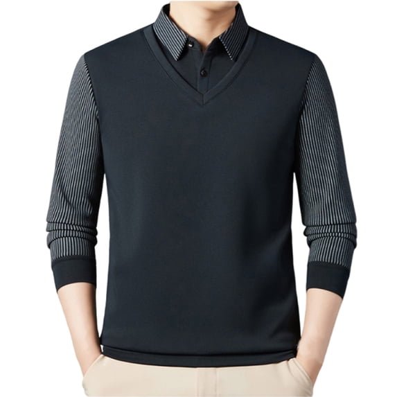 Puntoco Men Casual Knit Sweaters Slim Fit Fake Two Piece Striped Shirt Collar Plus Size Winter Warm Pullover Top Navy XL(XL)