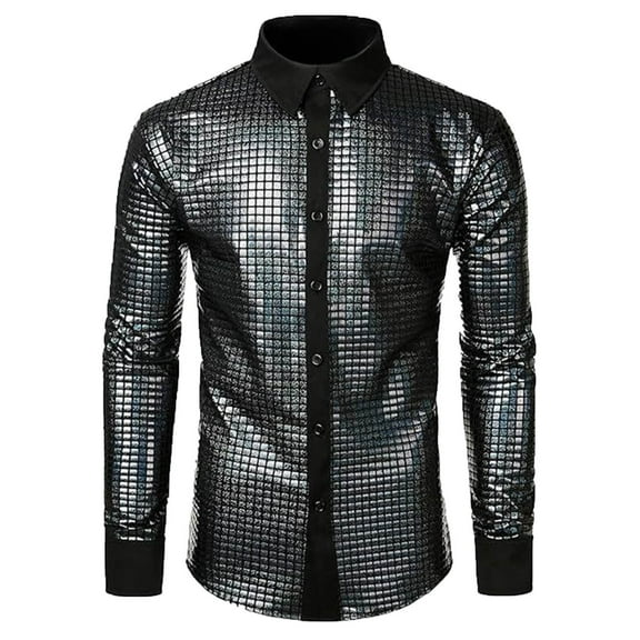 Puntoco Men Dress Shirt Sequins Long Sleeve Button Down Shirt Luxury Disco Party Nightclub Christmas Prom Costume Winter Clothing for Men Black XL(XL)