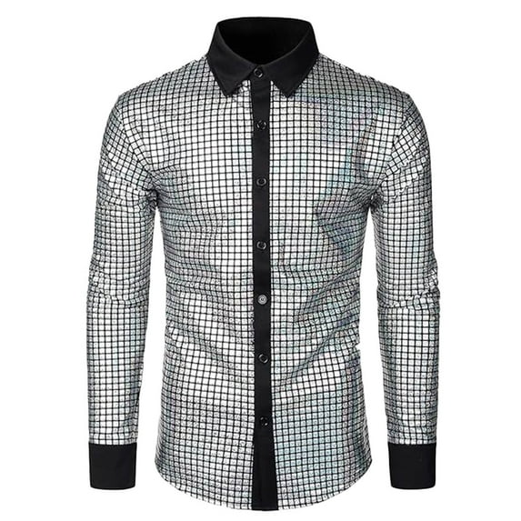 Puntoco Men Dress Shirt Sequins Long Sleeve Button Down Shirt Luxury Disco Party Nightclub Christmas Prom Costume Winter Clothing for Men Gray XXL(XXL)