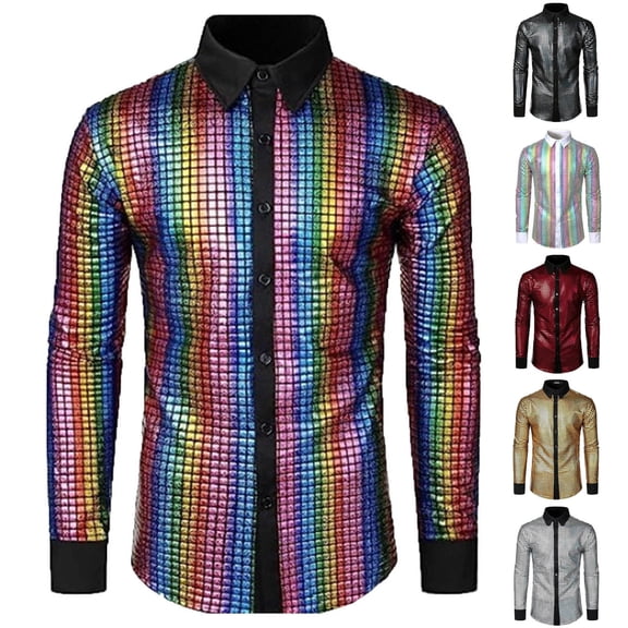 Puntoco Men Dress Shirt Sequins Long Sleeve Button Down Shirt Luxury Disco Party Nightclub Christmas Prom Costume Winter Clothing for Men Yellow XL(XL)