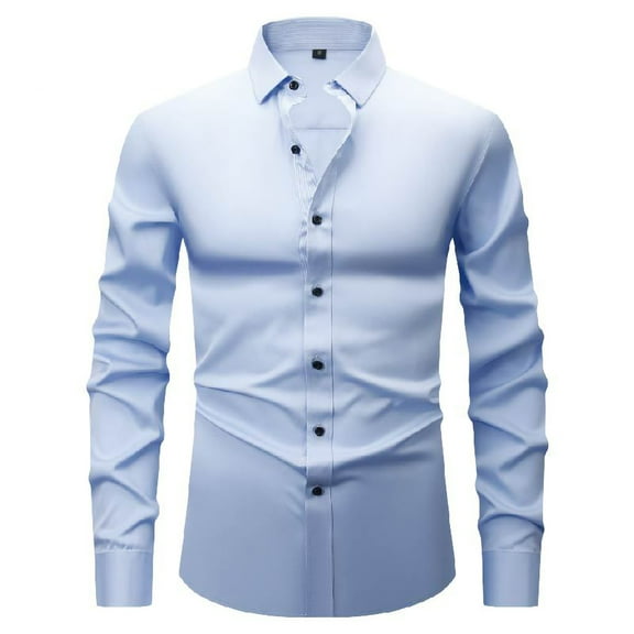 Puntoco Men Long Sleeve Shirt Men's Long Sleeve Dress Shirts Button Down Collared Work Shirt Top Business formal Shirts Light Blue S(S)