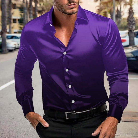 Puntoco Men Long Sleeve Shirt Men's Long Sleeve Dress Shirts Button Down Collared Work Shirt Top Business formal Shirts Purple XXL(XXL)