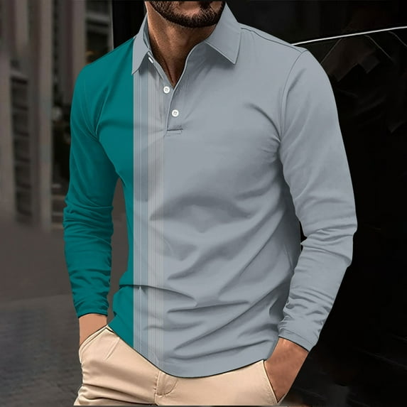 Puntoco Men Long Sleeve Shirt Men's Polo Shirts Casual Long Sleeve Golf Shirts Color Block Cotton Tops Mint Green XL(XL)