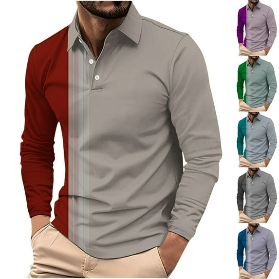 Puntoco Men Long Sleeve Shirt Men's Polo Shirts Casual Long Sleeve Golf Shirts Color Block Cotton Tops Red XL(XL)