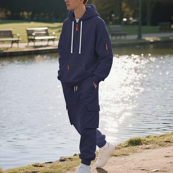 Puntoco Men Long Sleeve Shirt Men's half zipper Tracksuit 2 Piece Hoodie Athletic Jogging Sweatsuits for Men Casual Sports Long Sleeve Pullover Suit Set Navy XXXL(XXXL)
