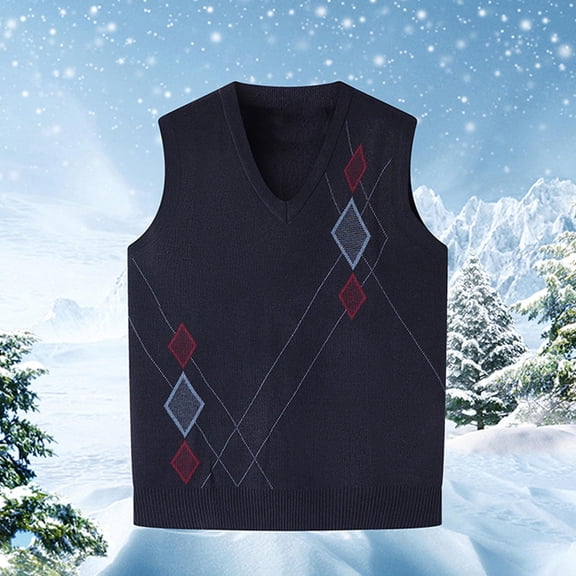 Puntoco Men Long Sleeve Shirt Mens V-Neck Knitted Sweater Sleeveless Pullover Knitwear Vest Solid Plain Loose Fit All Match Sweater Tops Black Free Size