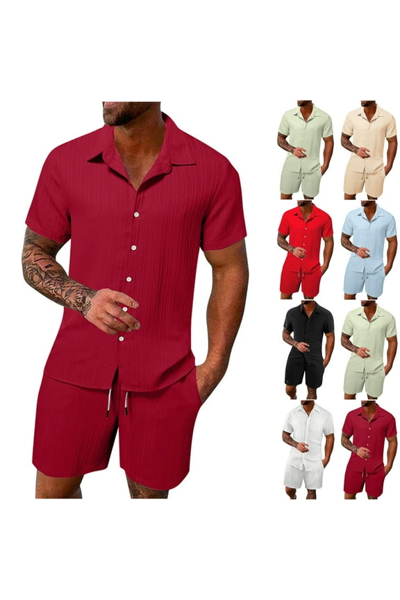Men Summer Casual Short Sets Solid Short Sleeve Pocket Button Down Shirt Elastic Shorts 2 Piece Outfits Tracksuit Coats for Men White 10(XL)