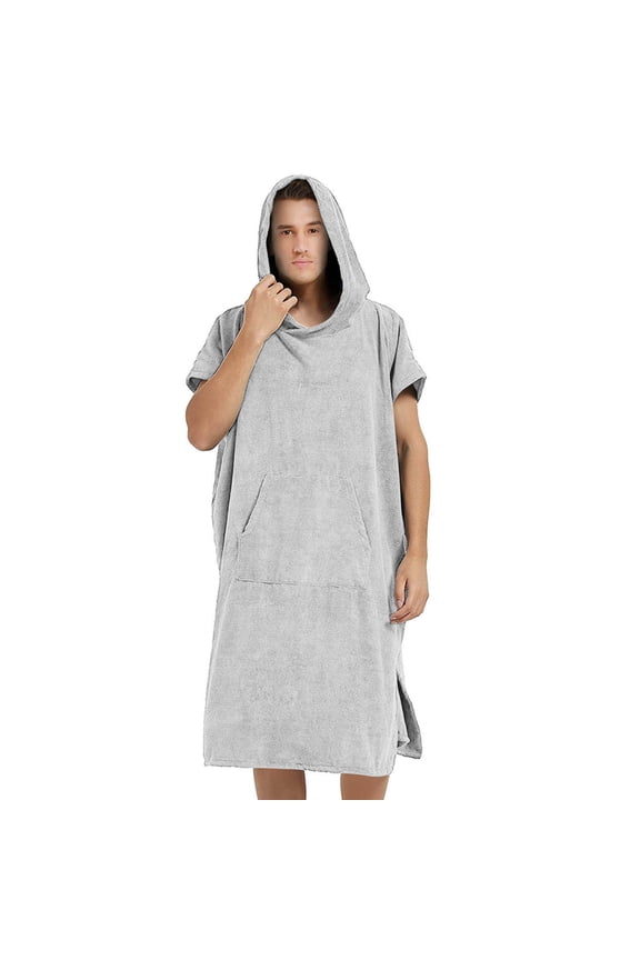 Men& Women's Hooded Terry Poncho Robe, Short Sleeve Quick Dry RobeSwim Beach Changing Cover Up with Pocket Gray Free Size