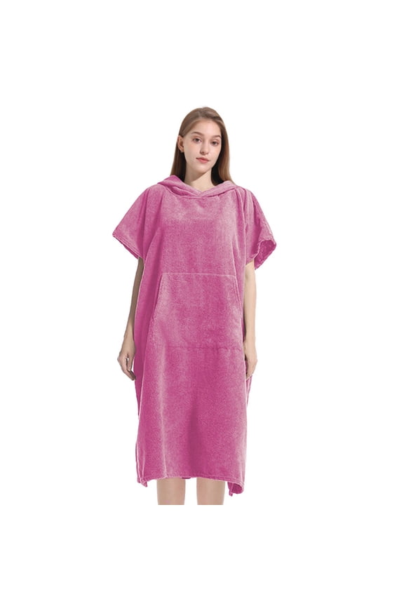 Men& Women's Hooded Terry Poncho Robe, Short Sleeve Quick Dry RobeSwim Beach Changing Cover Up with Pocket Hot Pink Free Size