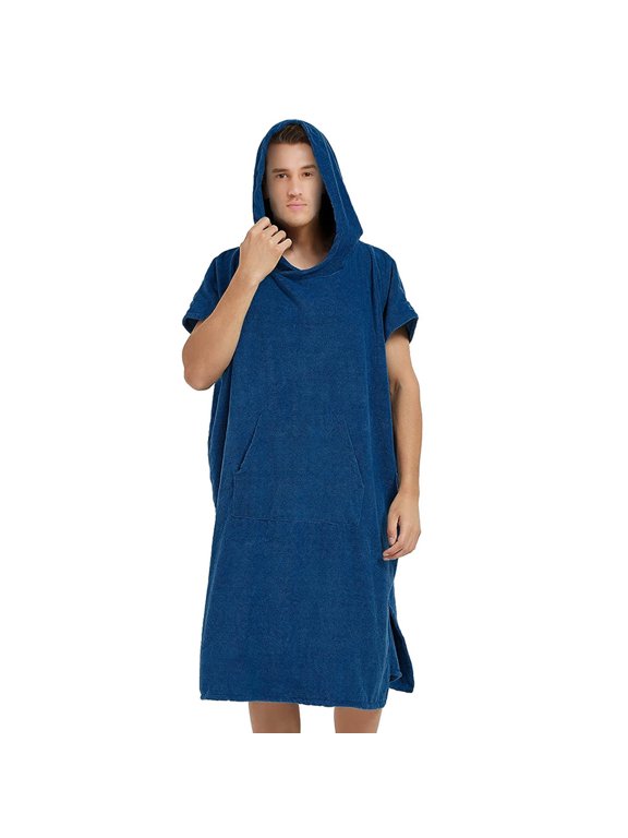 Men& Women's Hooded Terry Poncho Robe, Short Sleeve Quick Dry RobeSwim Beach Changing Cover Up with Pocket Navy Free Size