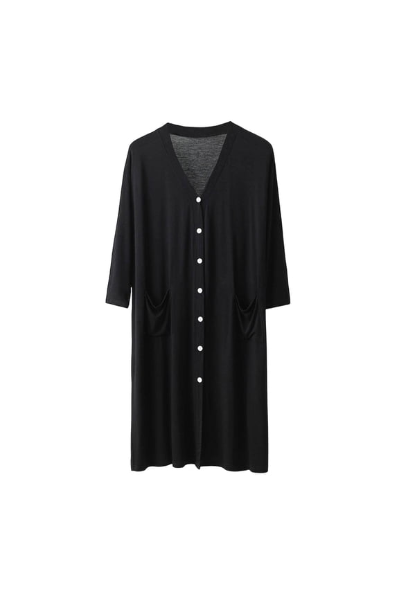 Men& Women's V-Neck Modal Button Front Sleep Robe, Loose 3/4 Sleeve Bath Dress with Pockets for Couples Black L