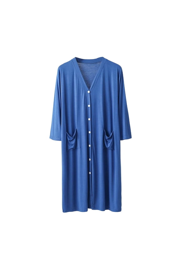 Men& Women's V-Neck Modal Button Front Sleep Robe, Loose 3/4 Sleeve Bath Dress with Pockets for Couples Blue XXL
