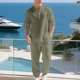 thumbnail image 1 of Puntoco Men's 2 Piece Linen Sets Button Down Shirt Long Sleeve Casual Drawstring Waist Pants Set Tracksuit Army Green XXL(XXL), 1 of 9