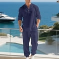 thumbnail image 1 of Puntoco Men's 2 Piece Linen Sets Button Down Shirt Long Sleeve Casual Drawstring Waist Pants Set Tracksuit Navy L(L), 1 of 9