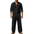 thumbnail image 1 of Puntoco Men's 2 Piece Linen Suit Long Sleeve Button Down Shirt and Pants Sets Walking Suits Black S(S), 1 of 8