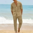 thumbnail image 1 of Puntoco Men's 2 Piece Outfit Casual Short Sleeve Button Down Shirt Beach Summer Loose Pant Sets Khaki L(L), 1 of 8