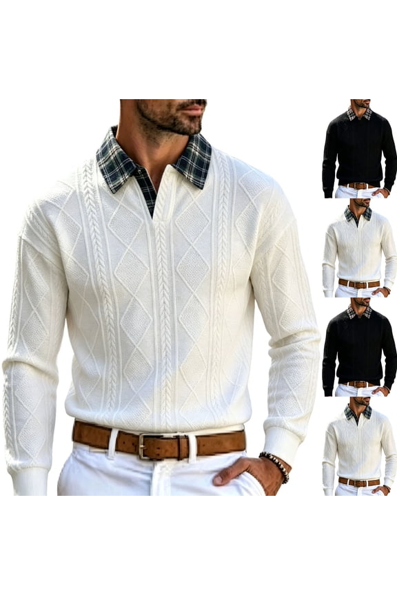 Men’s Argyle Cable Knit Quarter Zip Sweater, Plaid Fake Collar Long Sleeve Smart Casual Pullover Top White