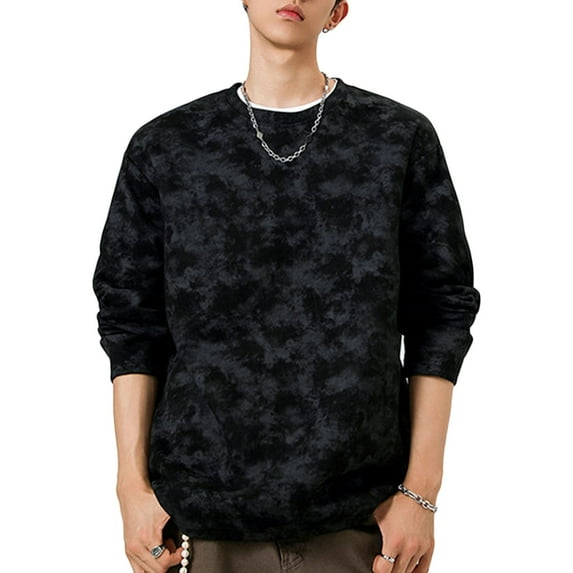 Puntoco Men's Casual Crew Neck Loose Suede Tie Long Sleeve Youth Active Blouses T-shirt Winter Clothing for Men Black XXXXXL(XXXXXL)
