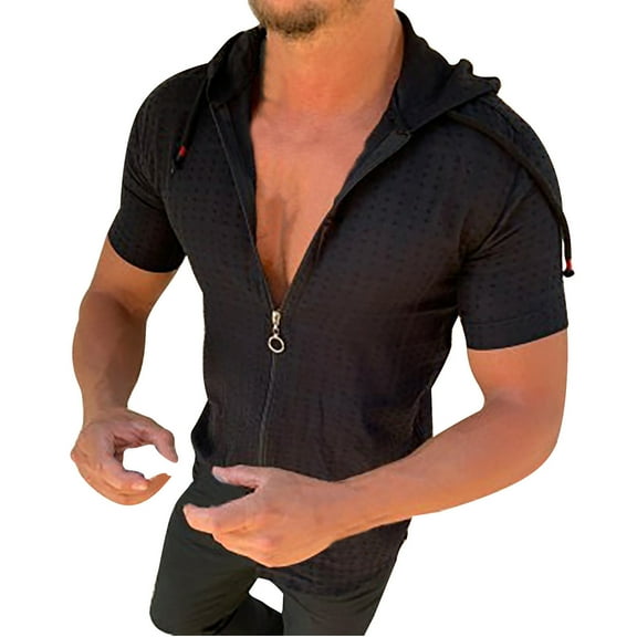 Puntoco Men's Casual Fashion Short Sleeve Hooded Blouse Short Sleeve Slim-fits Blouse Tops Shirt Black 12(XXXL)