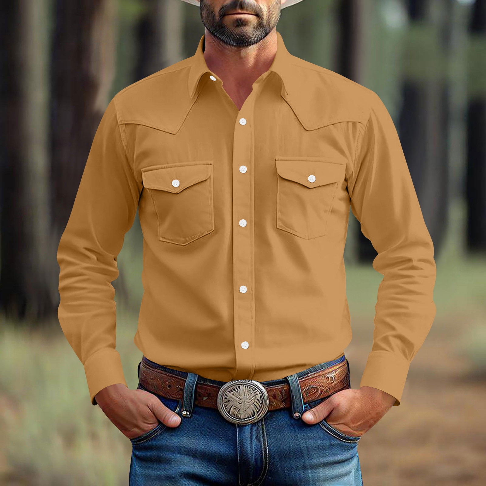 Puntoco Men's Cotton Linen Long Sleeve Shirt Solid Color Casual