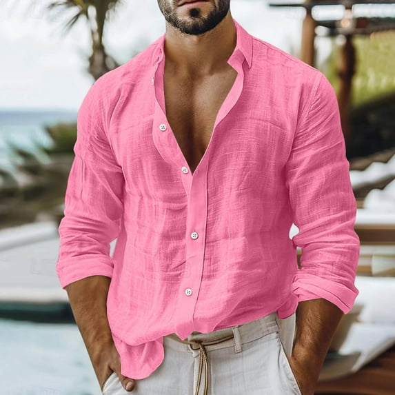 Puntoco Men's Cotton Linen Long Sleeve Shirts Casual Button Down Banded Collar Shirt Beach Summer Tops with Pocket Pink XXL(XXL)