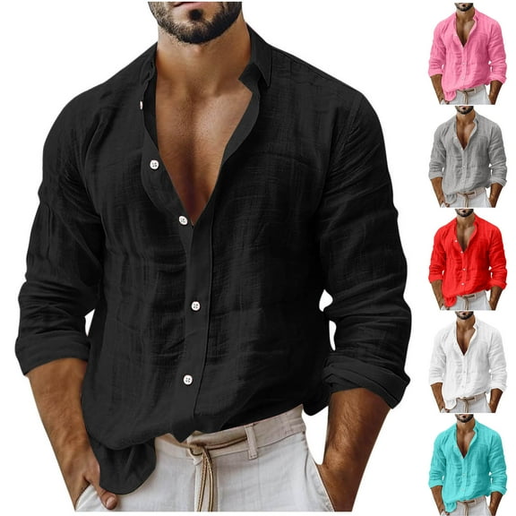 Puntoco Men's Cotton Linen Long Sleeve Shirts Casual Button Down Banded Collar Shirt Beach Summer Tops with Pocket White XL(XL)
