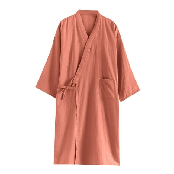 Puntoco Men's Cotton Nightshirt V Neck Long Sleeve Button Down Nightgown Summer Mid-Length Henley Sleepwear Sleepshirt Orange M(M)