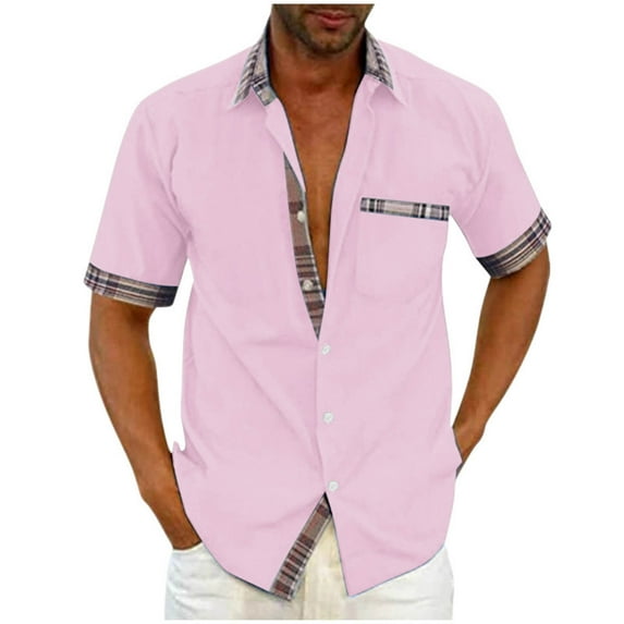 Puntoco Men's Fashion Casual Solid Color Short Sleeve Turndown Collar Blouse Shirt Pink 16(XXXXL)