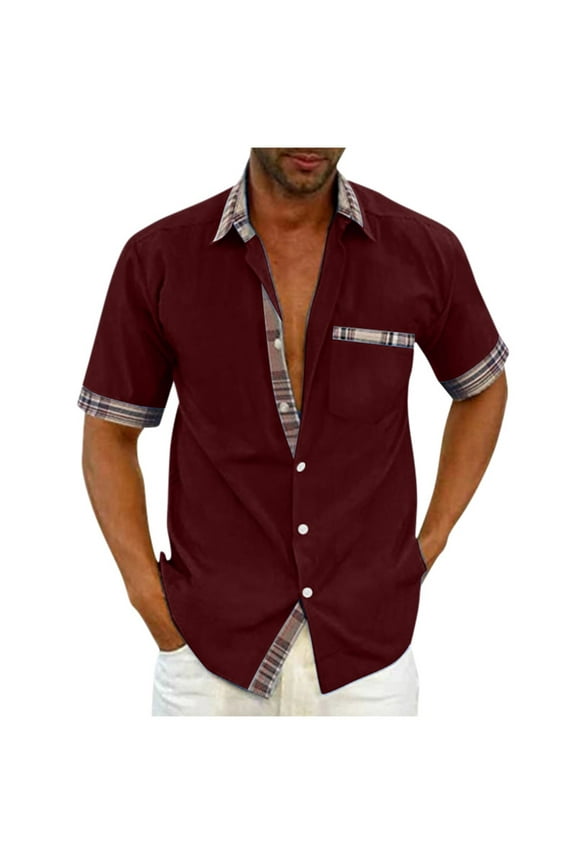 Men's Fashion Casual Solid Color Short Sleeve Turndown Collar Blouse Shirt Wine 14(XXXL)