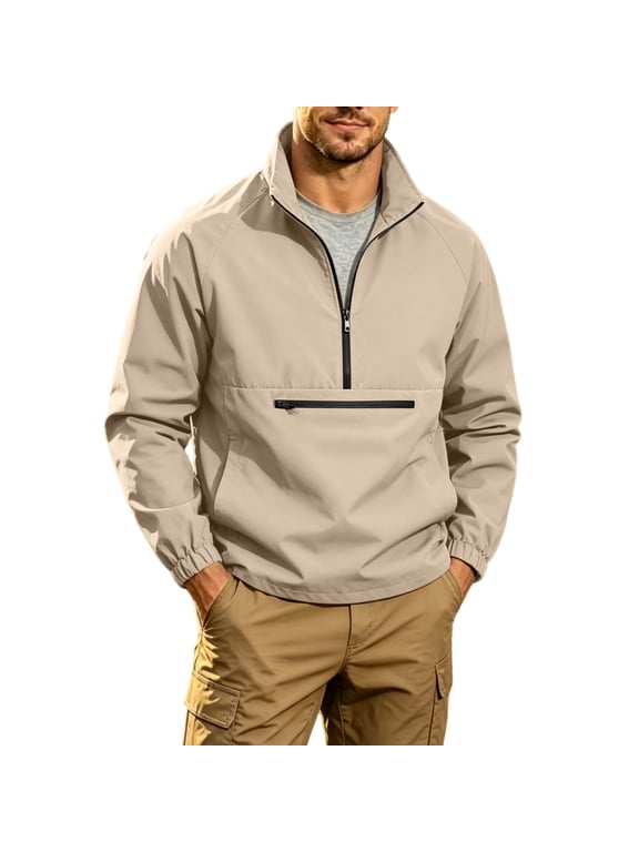 Men’s Half Zip Stand Collar Pullover Jacket, Lightweight Windbreaker with Zipper Chest Pocket