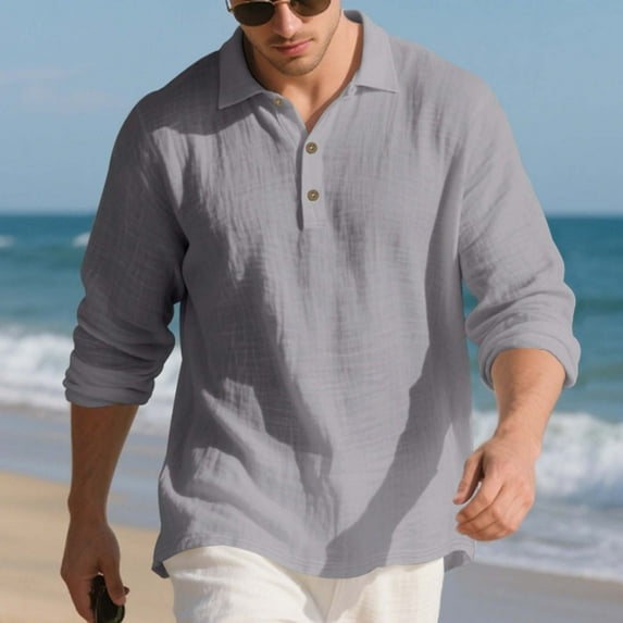 Puntoco Men's Linen Henley Shirts Long Sleeve Collarless T-Shirts Longline Beach Shirts with Pocket Gray M(M)
