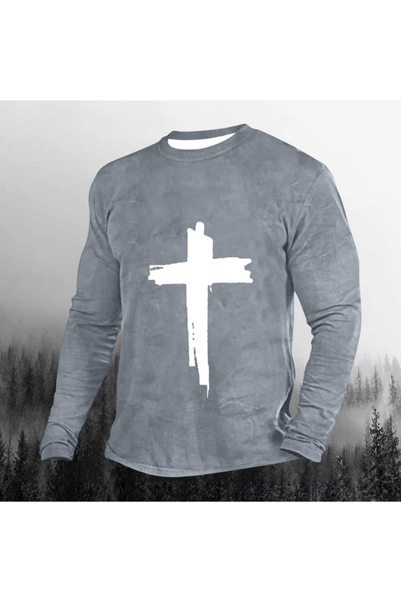 Men's Long Sleeve Crewneck Graphic Tee Cross Print Christian Shirts Workout Shirts Gray 10(XL)