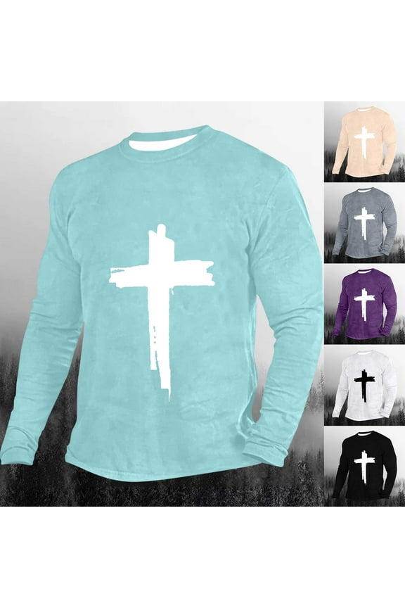 Men's Long Sleeve Crewneck Graphic Tee Cross Print Christian Shirts Workout Shirts White 10(XL)