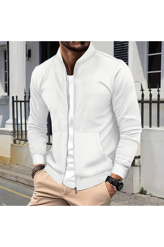 Men's Long Sleeve Stand-up Collar Cardigan Fleece Jacket with Cable Knit Zipper Jacket Knitted Sweater White XXL(XXL)