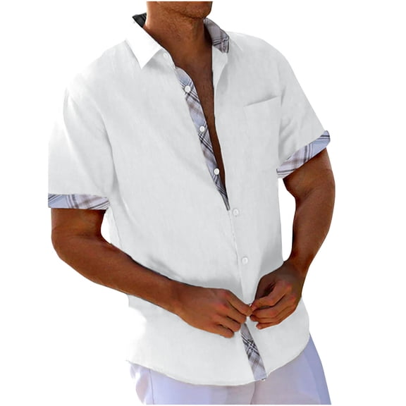 Puntoco Men's Plaid Patchwork Shirt Short Sleeved Lapel Fashionable Casual Vacation Cardigan Shirt Top/shirt Blouse White 6(L)