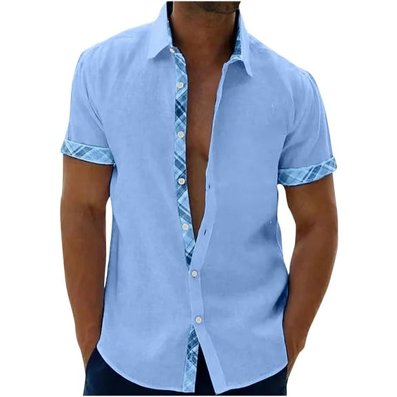 Puntoco Men's Printed Patchwork Shirt Short Sleeved Lapel Casual Vacation Beach Cardigan Top Shirt Blouse Blue 8(XL)