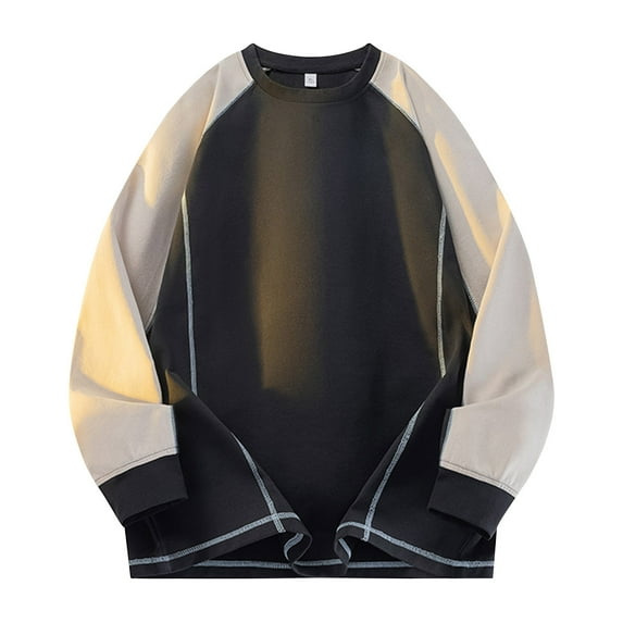 Puntoco Men's Round Neck Color Blocked Simple Long Sleeved T-Shirt Solid Color Casual Loose Plus Size Long Sleeved Top Winter Clothing for Men Black XXL(XXL)