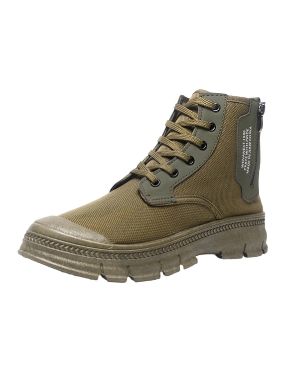 Men's Round Toe Lace Up Work Boots, Side Zipper Chunky Thick Sole Comfort Casual Ankle Boots for Working Outdoor Army Green 7