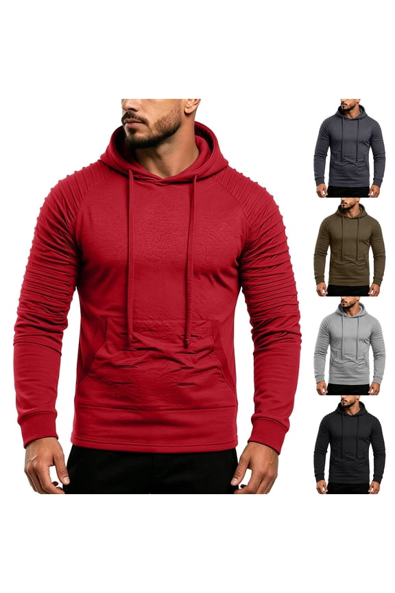 Men’s Ruched Raglan Sleeve Hoodie, Slim Fit Drawstring Hood Kangaroo Pocket Casual Pullover Sweatshirt Red XL(XL)