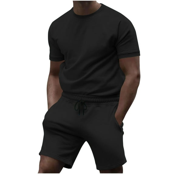 Puntoco Men's Short Sleeve Tracksuit Summer T Shirt & Shorts set 2 Pockets Oversize Two Piece Black M(M)