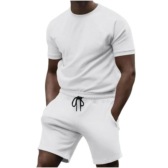Puntoco Men's Short Sleeve Tracksuit Summer T Shirt & Shorts set 2 Pockets Oversize Two Piece White XXL(XXL)