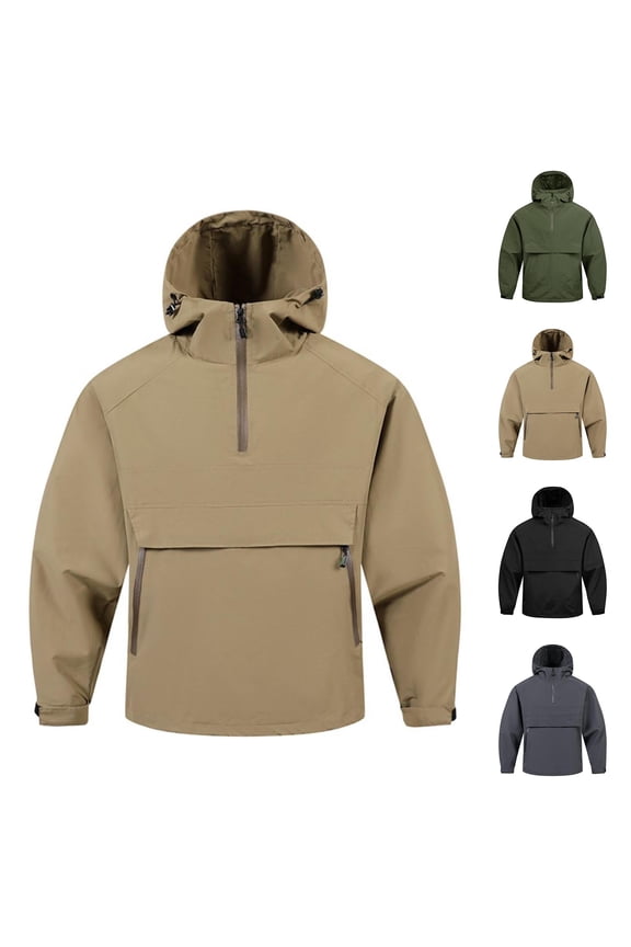Men's Spring and Autumn pullover jacket with casual patchwork hooded drawstring jacket Khaki XS(XS)
