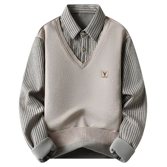 Puntoco Men's Striped Lapel Fake Two-Piece Shirt Long Sleeve Polo Shirts Spring Autumn Basic Business Casual Pullovers Beige L(L)