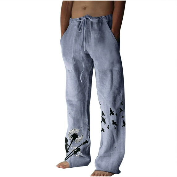 Puntoco Men's Summer Cotton Linen Wide Leg Pants Printed Lace Up Leisure Sports Holiday Pants Blue 14(XXXL)