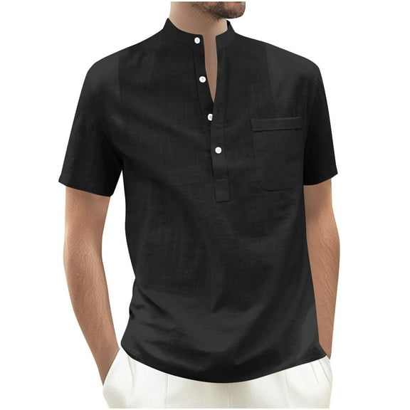 Puntoco Men's Summer New Casual and Fashionable Stand Up Collar Thin Short Sleeved Shirt Black S(S)