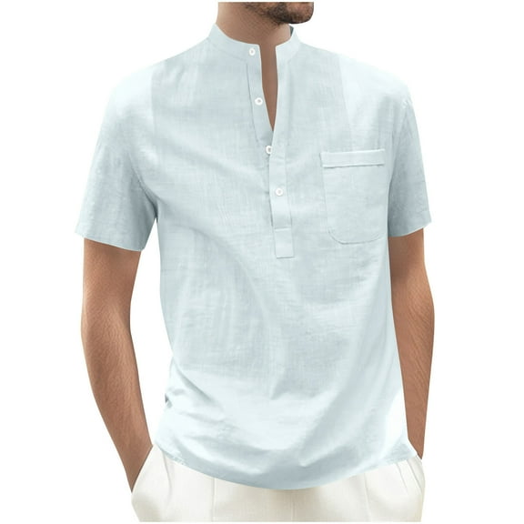 Puntoco Men's Summer New Casual and Fashionable Stand Up Collar Thin Short Sleeved Shirt Light Blue XXXL(XXXL)