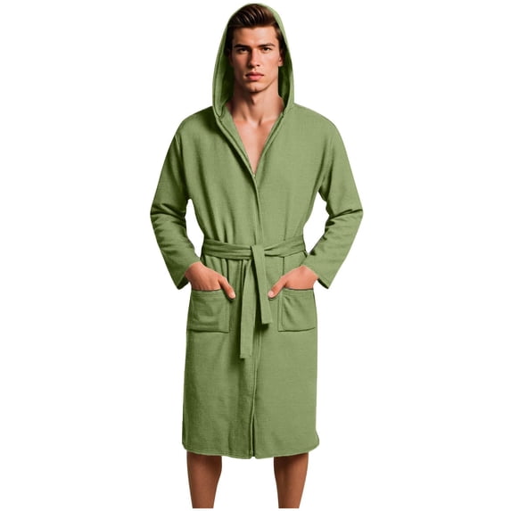 Puntoco Men’s V-Neck Hooded Waffle Bathrobe, Lightweight Mid Length Wrap Sleep Robe with Tie Belt & Side Pockets Army Green XL